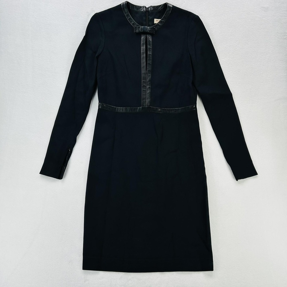 Burberry Dress Womens 10 Black Sheath Long Sleeve Leather Trim Bow Knee Length